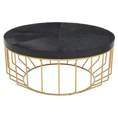 Black Hair-On-Hide Leather Round Top Coffee Table with Geometric Gold Metal Frame, Kensington Townhouse