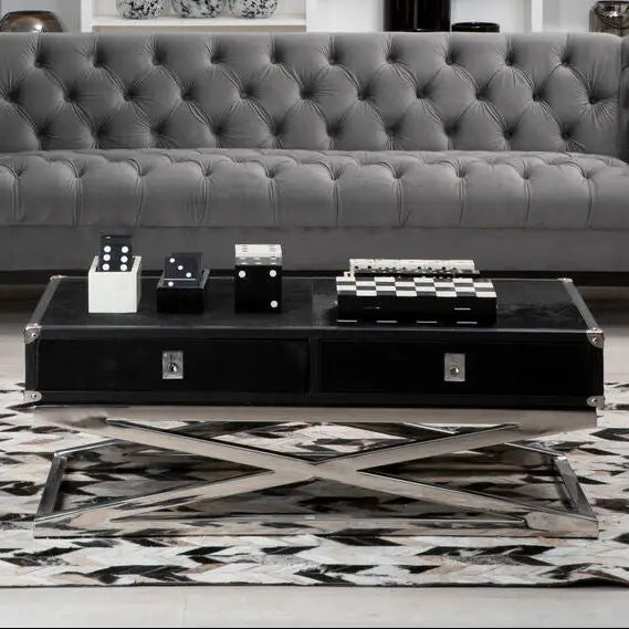 Black Hair-On-Hide Wood Top and Silver-Finished Frame Console Table with 2 Drawers, Kensington Townhouse