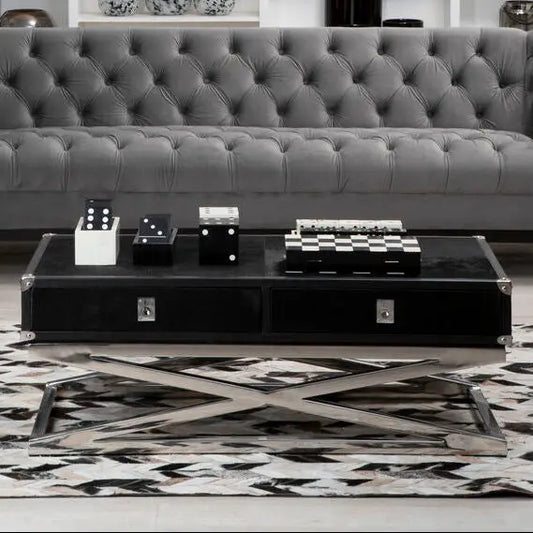 Black Hair-On-Hide Wood Top and Silver-Finished Frame Console Table with 2 Drawers, Kensington Townhouse