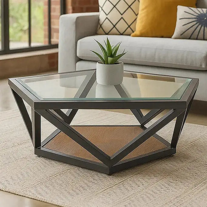 Black Hexagon Metal Frame Coffee Table with Glass Top, Cibo