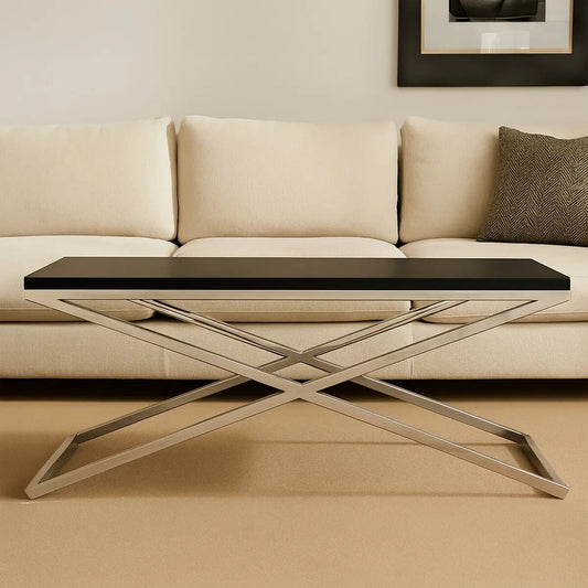 Black Leather Effect Rectangular Coffee Table with Cross Frame Design, Tribute