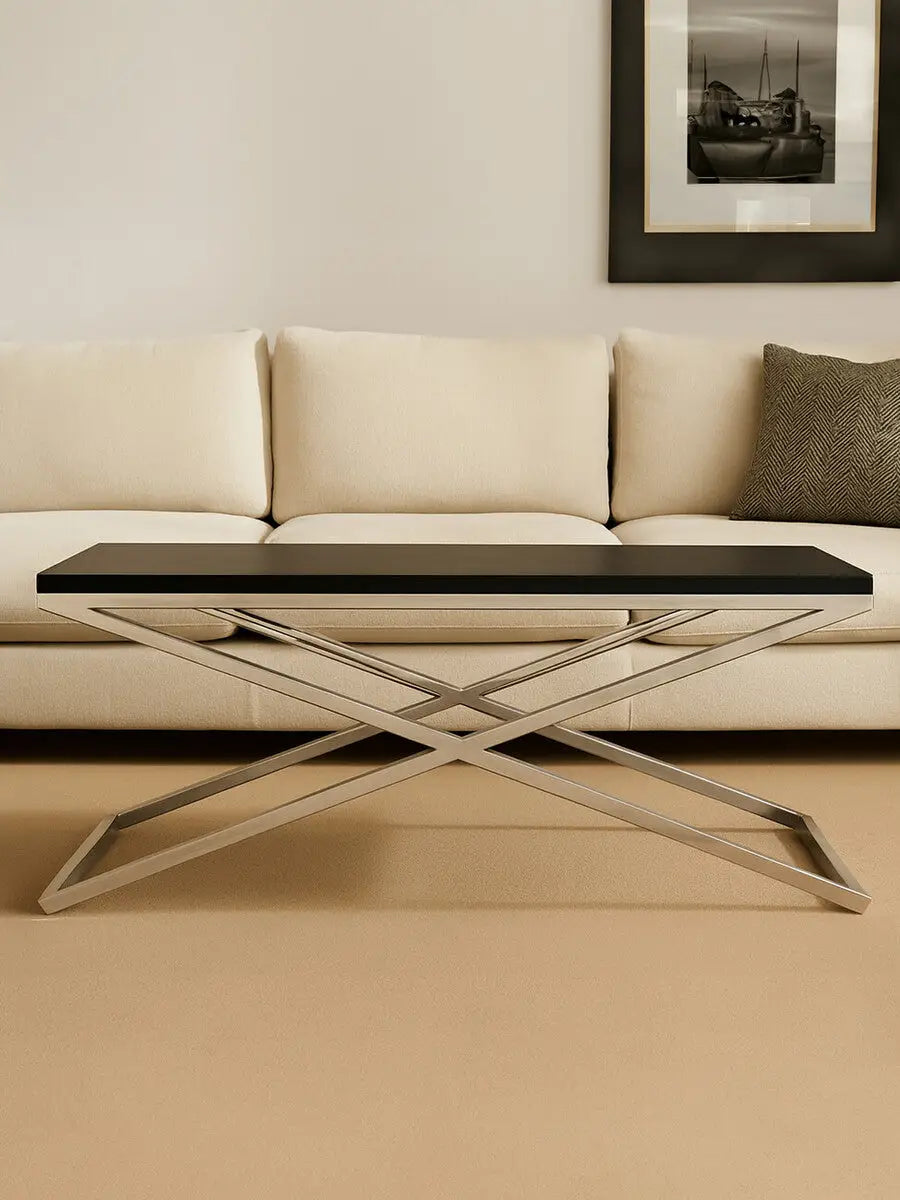 Black Leather Effect Rectangular Coffee Table with Cross Frame Design, Tribute