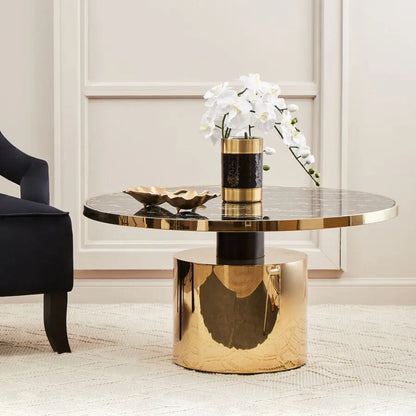 Black Marble Effect Glass Top Coffee Table with Gold Finish Base, Oria