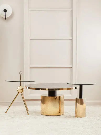 Black Marble Effect Glass Top Coffee Table with Gold Finish Base, Oria