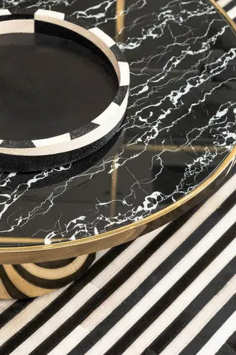 Black Marble Effect Glass Top Coffee Table with Gold Finish Base, Oria