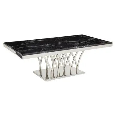 Black Marble Top Coffee Table with Intricate Silver Base, Arenza