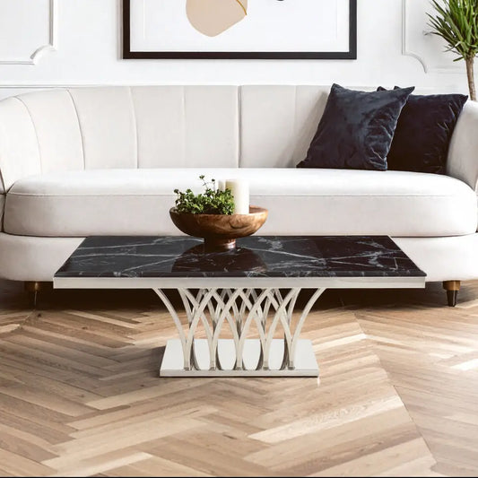 Black Marble Top Coffee Table with Intricate Silver Base, Arenza