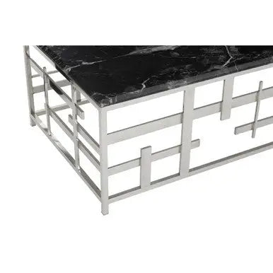 Black Marble Top Coffee Table with Silver Finish Geometric Stainless Steel Base, Aprilia