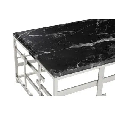 Black Marble Top Coffee Table with Silver Finish Geometric Stainless Steel Base, Aprilia