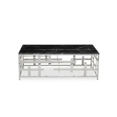 Black Marble Top Coffee Table with Silver Finish Geometric Stainless Steel Base, Aprilia