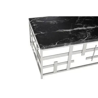 Black Marble Top Coffee Table with Silver Finish Geometric Stainless Steel Base, Aprilia