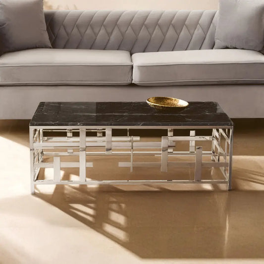 Black Marble Top Coffee Table with Silver Finish Geometric Stainless Steel Base, Aprilia