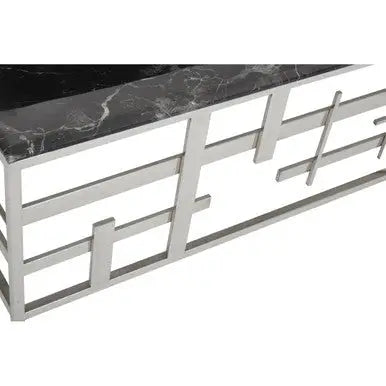 Black Marble Top Coffee Table with Silver Finish Geometric Stainless Steel Base, Aprilia