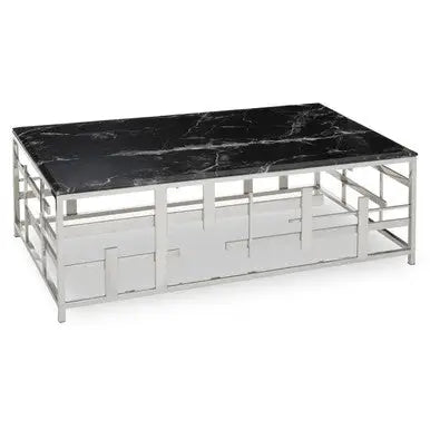 Black Marble Top Coffee Table with Silver Finish Geometric Stainless Steel Base, Aprilia