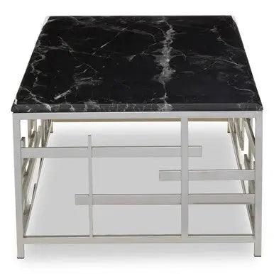 Black Marble Top Coffee Table with Silver Finish Geometric Stainless Steel Base, Aprilia