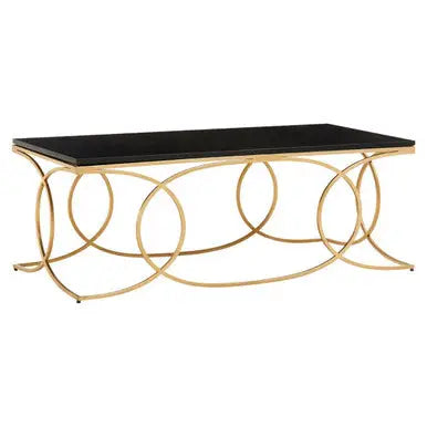 Black Marble Top Rectangular Coffee Table with Gold Finish Metal Frame, Kia