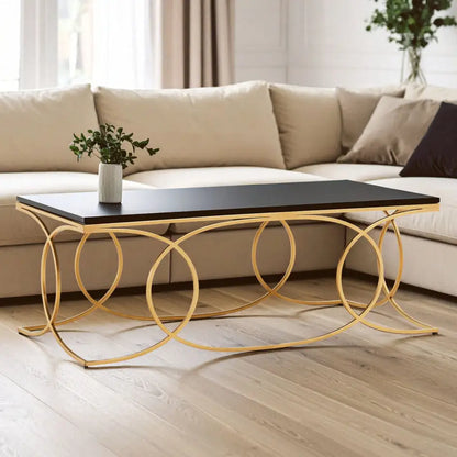 Black Marble Top Rectangular Coffee Table with Gold Finish Metal Frame, Kia