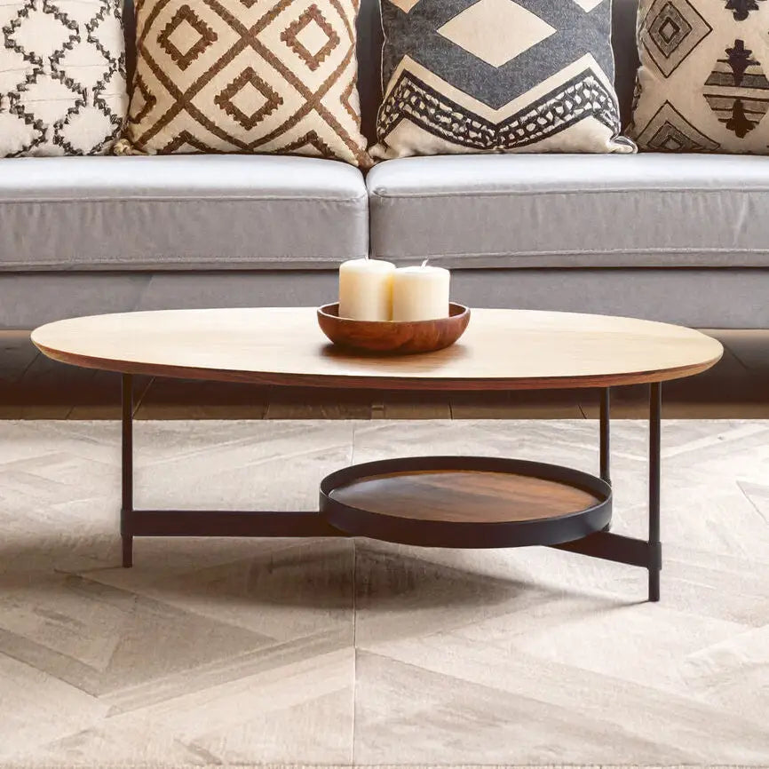 Black Metal Frame Coffee Table with Natural Oblong Top, Doha