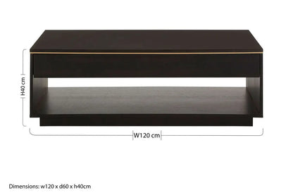 Black Oak Veneer 1-Drawer Coffee Table with Gold Finish Trim and Lower Storage Shelf, Diamond