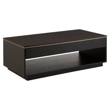 Black Oak Veneer 1-Drawer Coffee Table with Gold Finish Trim and Lower Storage Shelf, Diamond
