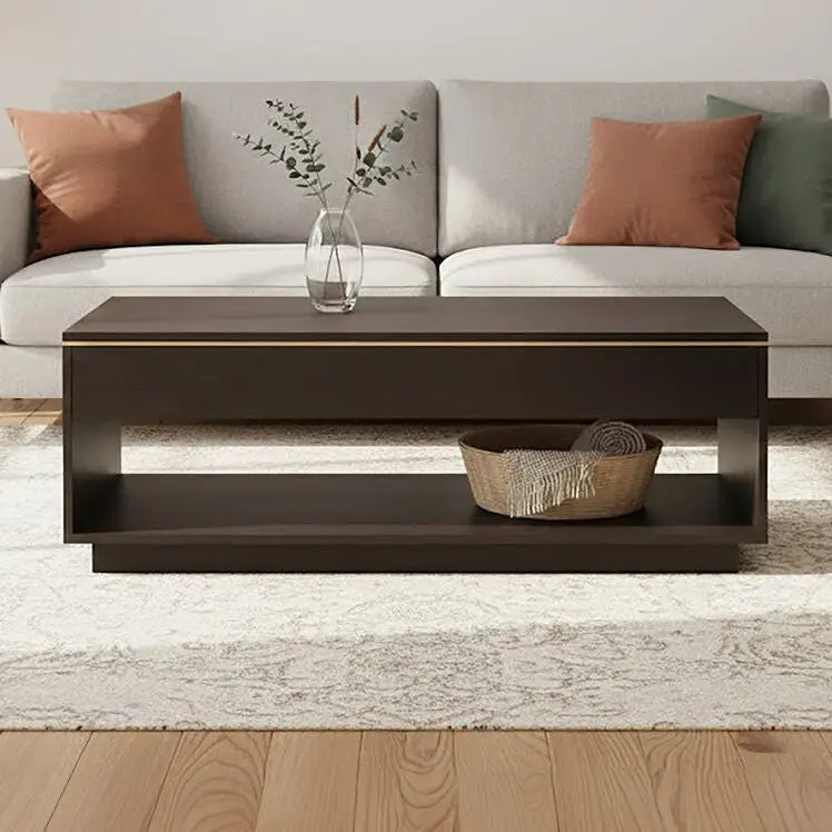 Black Oak Veneer 1-Drawer Coffee Table with Gold Finish Trim and Lower Storage Shelf, Diamond