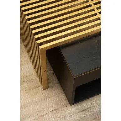 Black Oak Veneer 1-Drawer Coffee Table with Gold Finish Trim and Lower Storage Shelf, Diamond