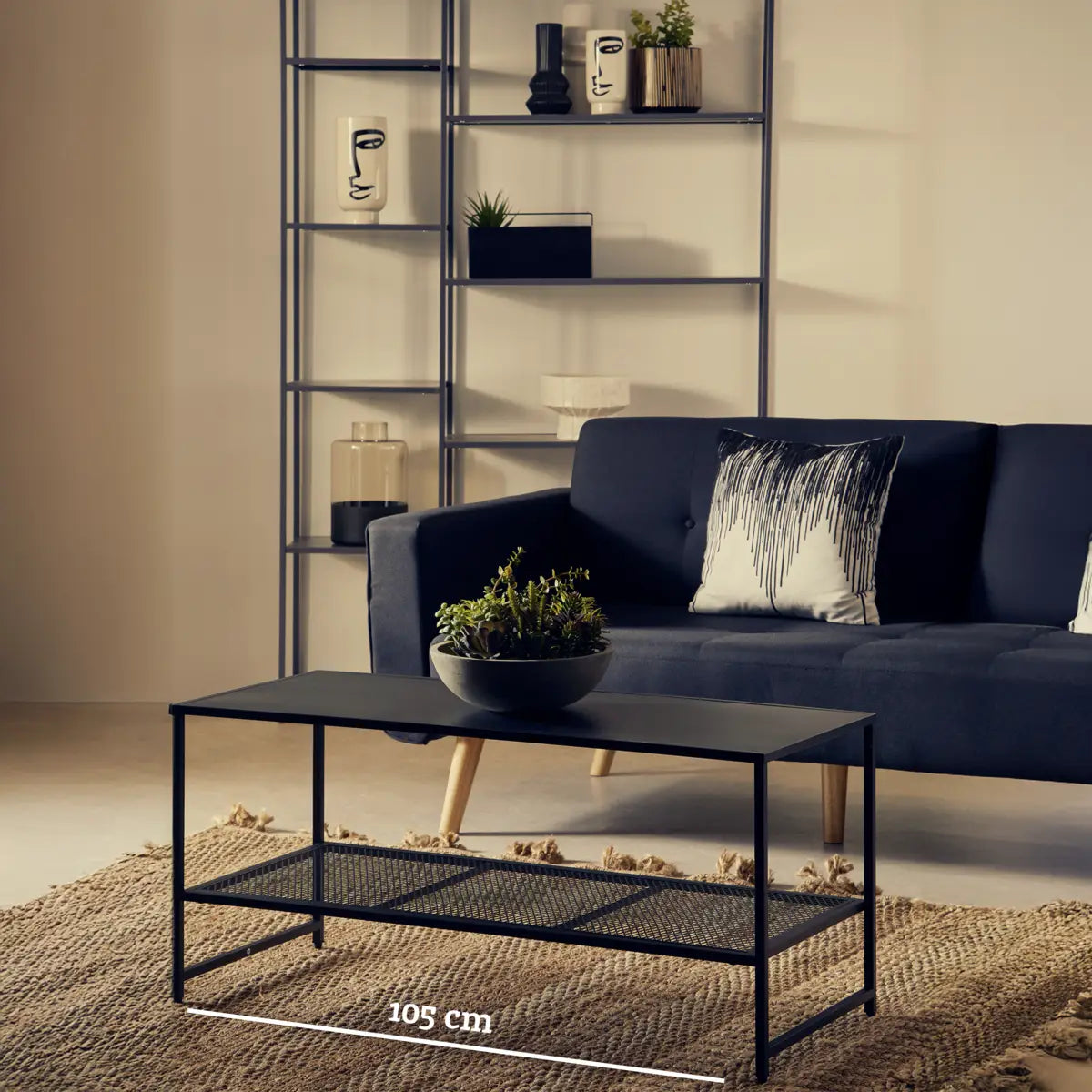 Black Powder Coated Metal Coffee Table with Open Storage Mesh Shelf, Acero