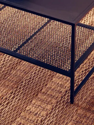 Black Powder Coated Metal Coffee Table with Open Storage Mesh Shelf, Acero