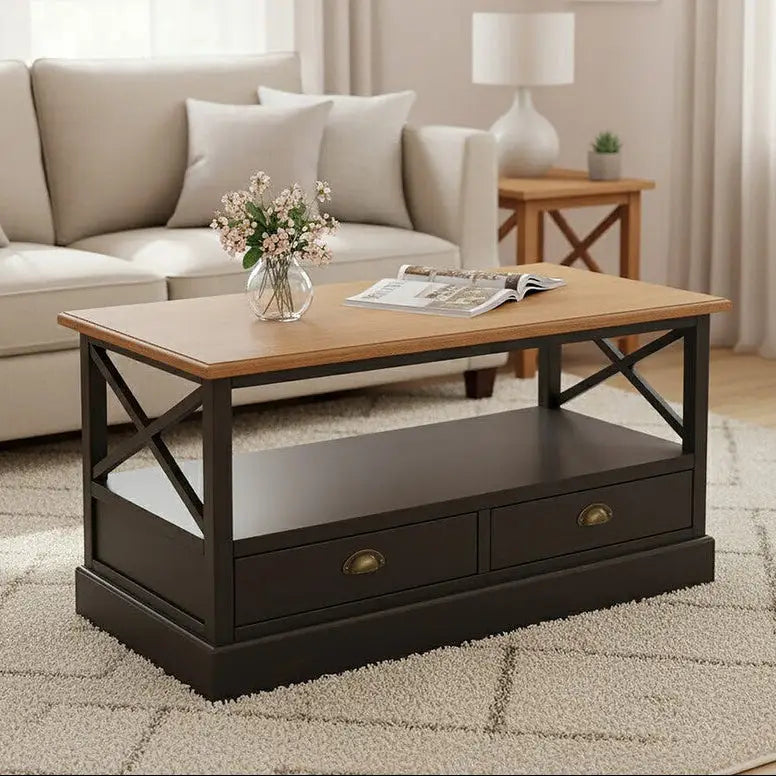 Black Rectangular Storage Coffee Table with Drawers, Virginia