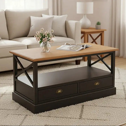 Black Rectangular Storage Coffee Table with Drawers, Virginia