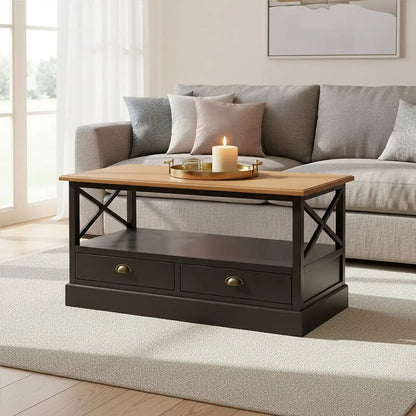Black Rectangular Storage Coffee Table with Drawers, Virginia