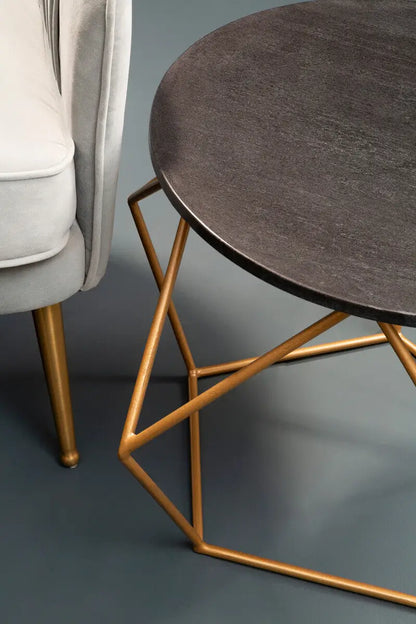 Black Round Marble Top Coffee Table with Matte Gold Finish Geometric Metal Frame, Varana