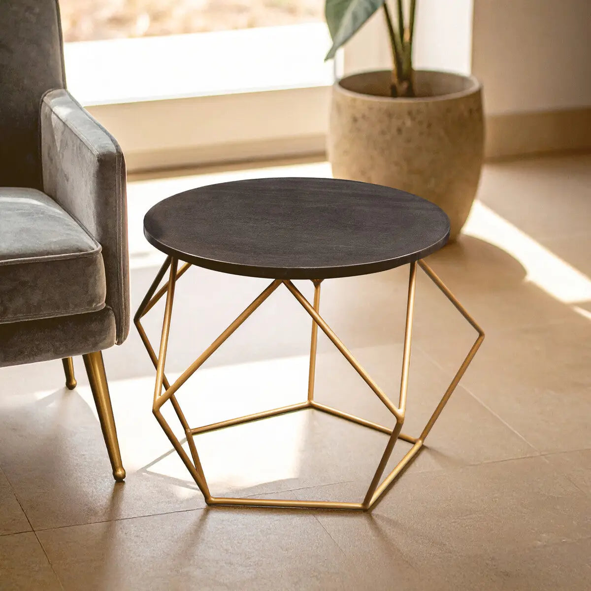 Black Round Marble Top Coffee Table with Matte Gold Finish Geometric Metal Frame, Varana