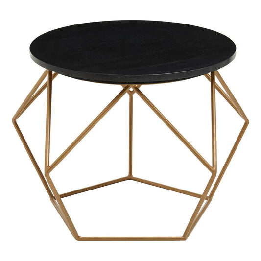 Black Round Marble Top Coffee Table with Matte Gold Finish Geometric Metal Frame, Varana