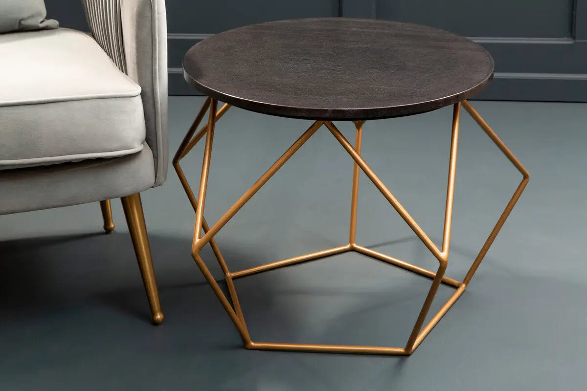 Black Round Marble Top Coffee Table with Matte Gold Finish Geometric Metal Frame, Varana