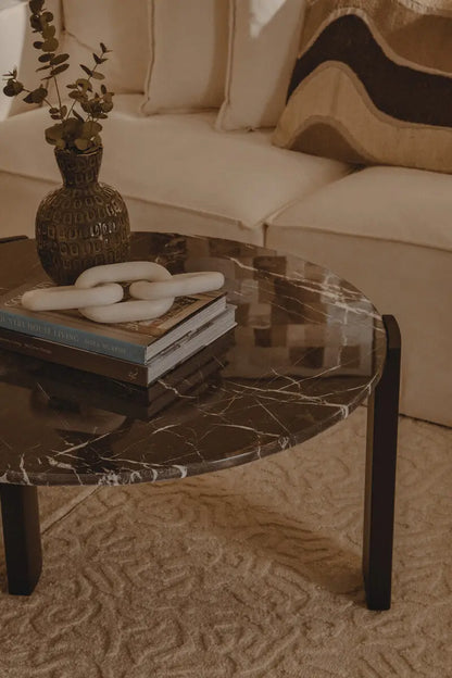 Black Round Marble Top Large Coffee Table with Black Acacia Legs, Palermo