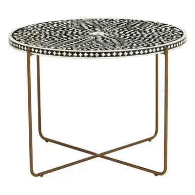 Black Round Wood Coffee Table with White Bone Inlay Top and Gold Metal Cross Base, Fusion