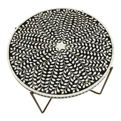 Black Round Wood Coffee Table with White Bone Inlay Top and Gold Metal Cross Base, Fusion