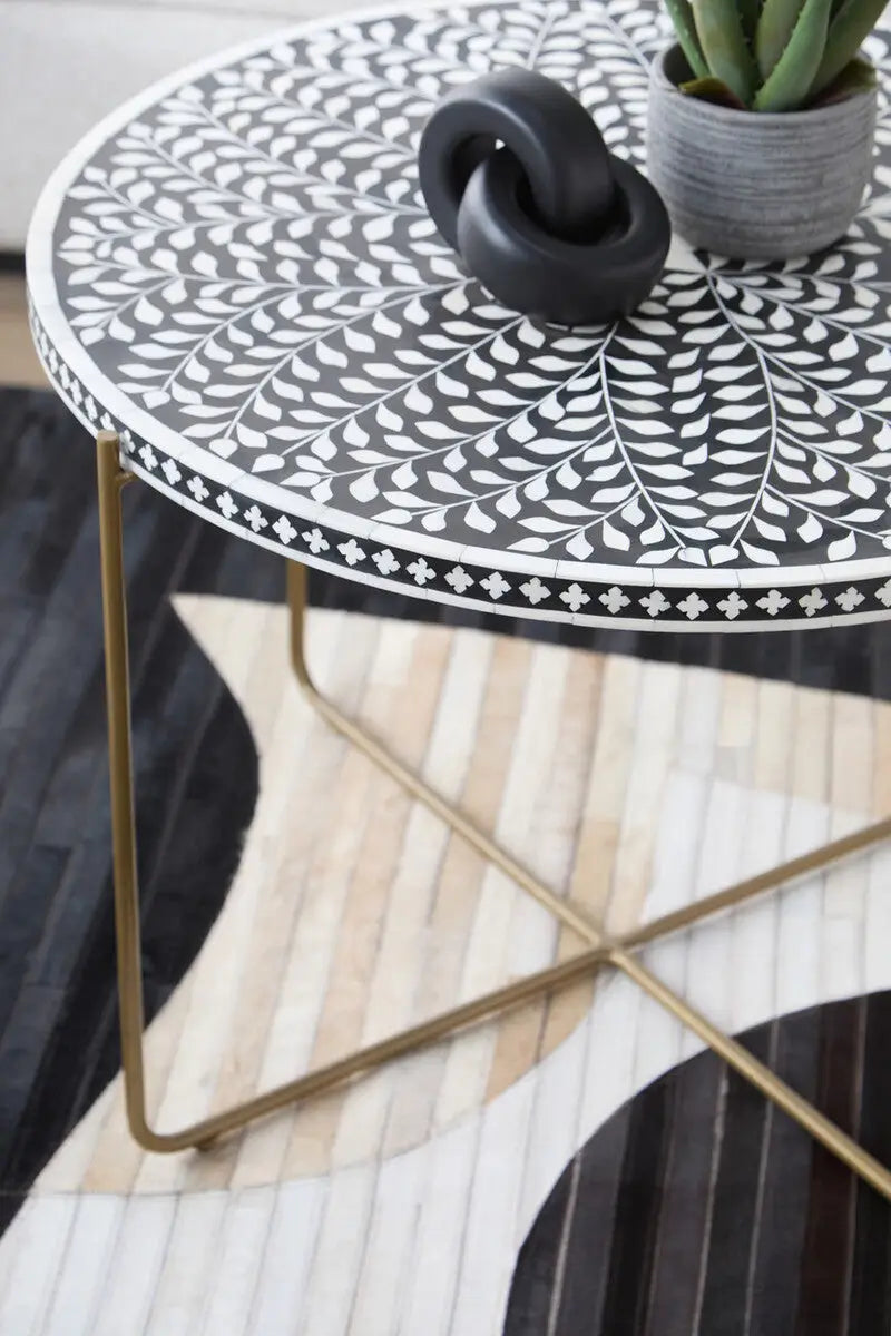 Black Round Wood Coffee Table with White Bone Inlay Top and Gold Metal Cross Base, Fusion