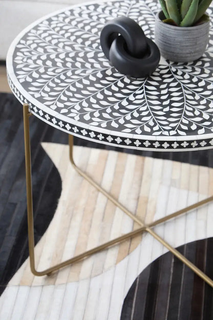 Black Round Wood Coffee Table with White Bone Inlay Top and Gold Metal Cross Base, Fusion