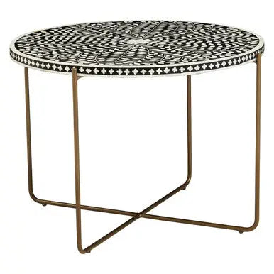 Black Round Wood Coffee Table with White Bone Inlay Top and Gold Metal Cross Base, Fusion