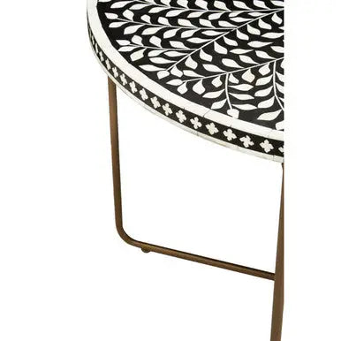 Black Round Wood Coffee Table with White Bone Inlay Top and Gold Metal Cross Base, Fusion