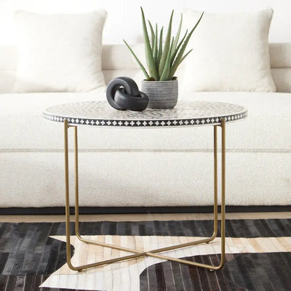 Black Round Wood Coffee Table with White Bone Inlay Top and Gold Metal Cross Base, Fusion