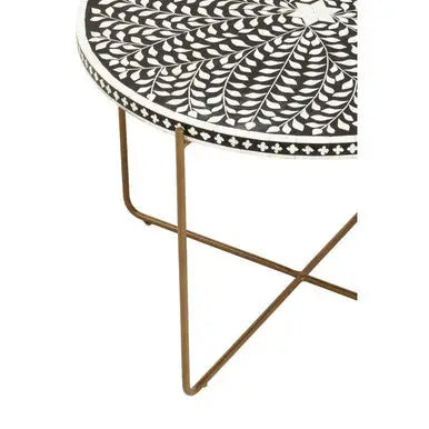 Black Round Wood Coffee Table with White Bone Inlay Top and Gold Metal Cross Base, Fusion