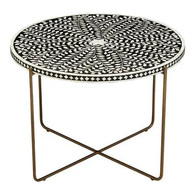 Black Round Wood Coffee Table with White Bone Inlay Top and Gold Metal Cross Base, Fusion