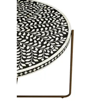 Black Round Wood Coffee Table with White Bone Inlay Top and Gold Metal Cross Base, Fusion