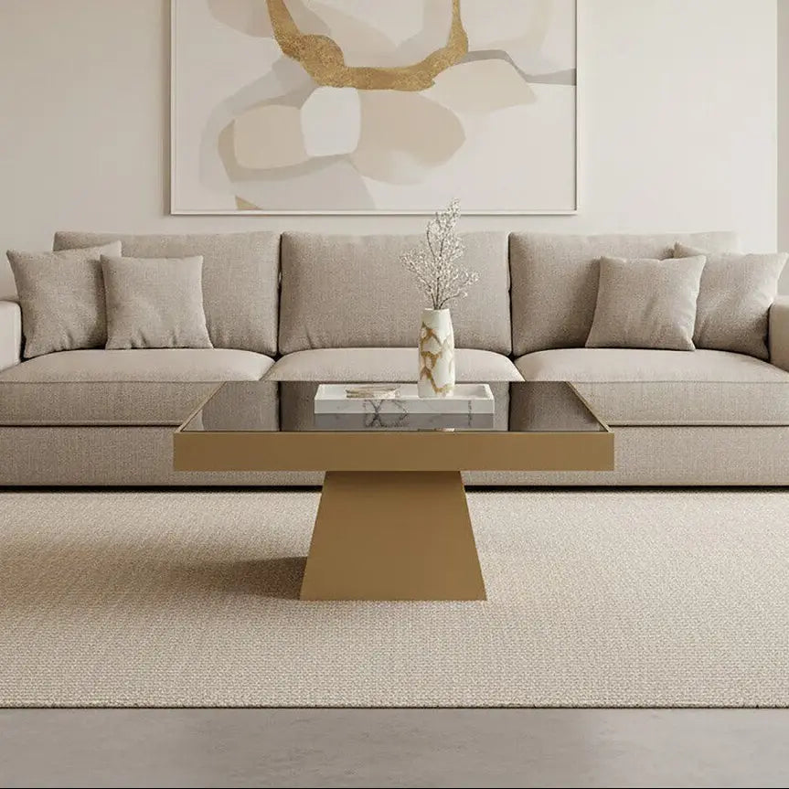 Black Tempered Glass Coffee Table with Gold Square Finish Stainless Steel Base, Carlox