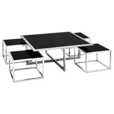 Black Tempered Glass Top and Silver Stainless Steel Frame Coffee Table with 4 Nesting Stools, Horizon