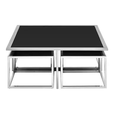 Black Tempered Glass Top and Silver Stainless Steel Frame Coffee Table with 4 Nesting Stools, Horizon