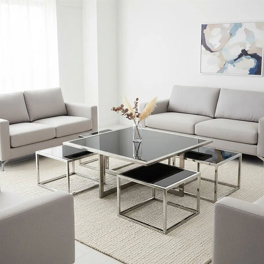 Black Tempered Glass Top and Silver Stainless Steel Frame Coffee Table with 4 Nesting Stools, Horizon